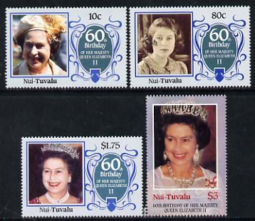 Tuvalu - Nui 1986 Queen Elizabeth 60th Birthday set of 4 unmounted mint, stamps on royalty     60th birthday