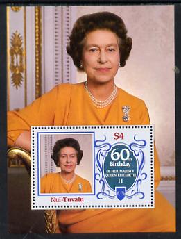 Tuvalu - Nui 1986 Queen Elizabeth 60th Birthday $4 m/sheet unmounted mint, stamps on royalty     60th birthday