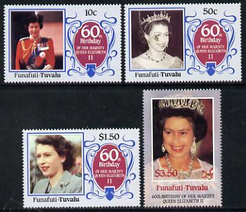 Tuvalu - Funafuti 1986 Queen Elizabeth 60th Birthday set of 4 unmounted mint, stamps on royalty     60th birthday