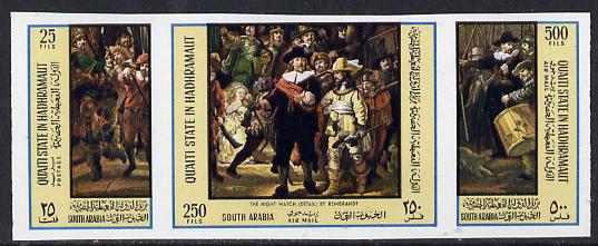 Aden - Qu'aiti 1967 Paintings by Rembrandt imperf strip of 3 unmounted mint (Mi 165-67B), stamps on arts, stamps on rembrandt, stamps on renaissance