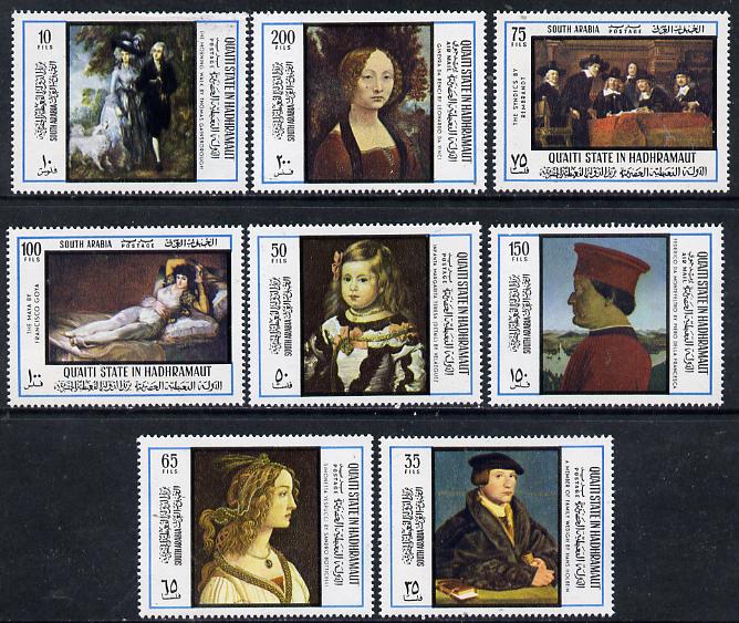 Aden - Qu'aiti 1967 International Tourism Year (Paintings) perf set of 8 unmounted mint, Mi 169-76A, stamps on , stamps on  stamps on arts, stamps on  stamps on gainsborough, stamps on  stamps on holbein, stamps on  stamps on botticelli, stamps on  stamps on rembrandt, stamps on  stamps on goya, stamps on  stamps on da vinci, stamps on  stamps on 