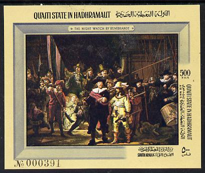 Aden - Qu'aiti 1967 Rembrandt imperf miniature sheet unmounted mint (Mi BL 20B) , stamps on arts, stamps on rembrandt, stamps on renaissance