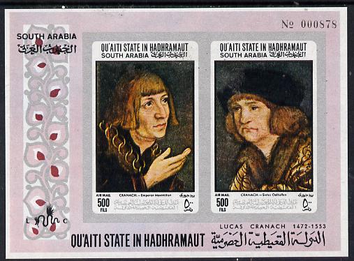 Aden - Qu'aiti 1967 Paintings by Cranach imperf m/sheet unmounted mint (Mi BL 18B), stamps on arts    cranach