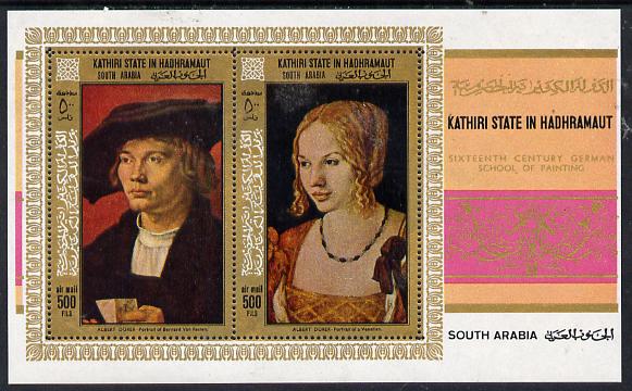 Aden - Kathiri 1968 Paintings by Durer perf miniature sheet unmounted mint (Mi BL 21A), stamps on arts    durer, stamps on renaissance