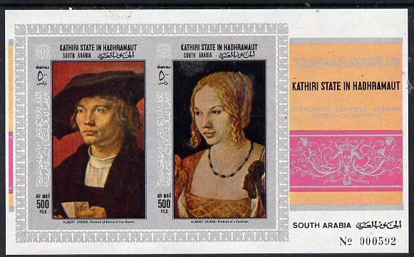 Aden - Kathiri 1968 Paintings by Durer imperf miniature sheet unmounted mint (Mi BL 21B), stamps on arts    durer, stamps on renaissance