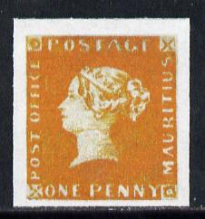 Mauritius 1847 Post Office 1d orange-red  Maryland imperforate forgery on gummed paper as SG1.  The word Forgery is printed on the back and comes on a presentation card w..., stamps on maryland, stamps on forgery, stamps on forgeries