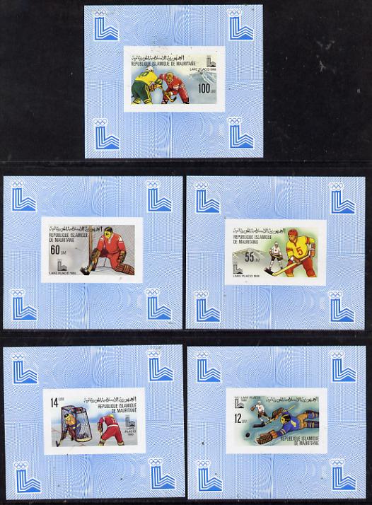 Mauritania 1980 Winter Olympics (Ice Hockey) set of 5 deluxe miniature sheets unmounted mint, stamps on olympics       ice hockey