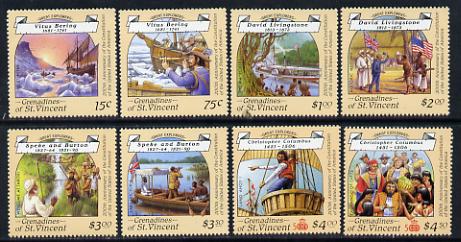 St Vincent - Grenadines 1988 Explorers set of 8 unmounted mint SG 564-71. , stamps on explorers, stamps on personalities, stamps on flags, stamps on ships, stamps on livingstone, stamps on columbus, stamps on scots, stamps on scotland