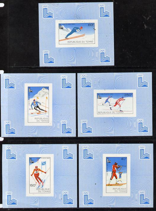 Chad 1980 Winter Olympics set of 5 imperf deluxe miniature sheets (Skiing, Cross Country), stamps on sport   olympics    skiing    cross-country
