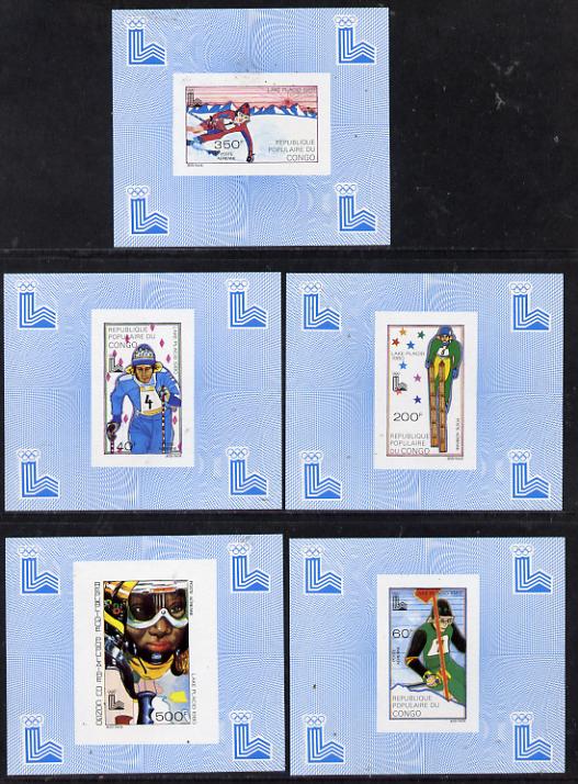 Congo 1980 Winter Olympics set of 5 imperf deluxe miniature sheets (Skiing) unmounted mint, stamps on sport   olympics    skiing