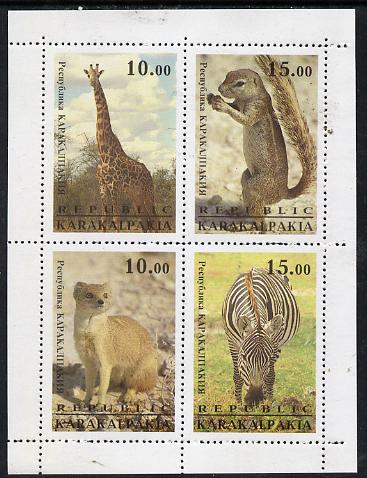 Karakalpakia Republic 1996 Animals #2 sheetlet containing 4 values unmounted mint, stamps on animals    giraffe    zebra        squirrel
