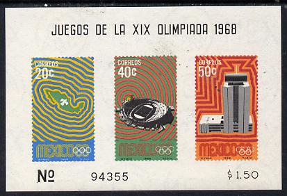 Mexico 1968 Olympic Games imperf m/sheet showing Dove, Stadium & Telecom Tower unmounted mint, stamps on sport, stamps on olympics, stamps on communications, stamps on doves