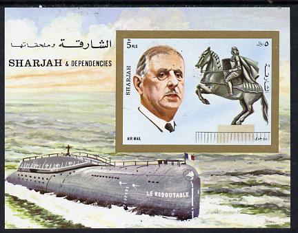 Sharjah 1972 Charles de Gaulle imperf m/sheet (with Statue of Joan of Arc & Le Redoutable Submarine) unmounted mint Mi BL 95, stamps on constitutions, stamps on personalities, stamps on ships, stamps on submarines, stamps on statues, stamps on personalities, stamps on de gaulle, stamps on  ww1 , stamps on  ww2 , stamps on militaria