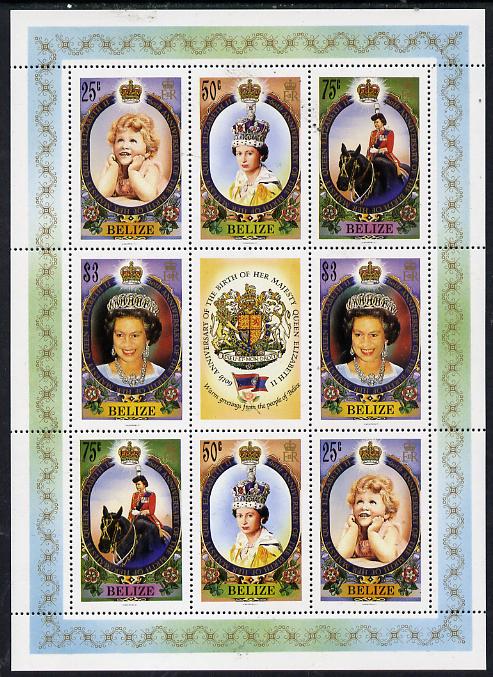 Belize 1986 60th Birthday of Queen Elizabeth II perf sheetlet containing 2 sets of 4 plus label unmounted mint SG 905-8, stamps on royalty, stamps on horses