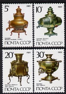 Russia 1989 Russian Samovars in State Museum set of 4 unmounted mint, SG 5970-73, Mi 5924-27*, stamps on artefacts, stamps on drinks, stamps on  tea , stamps on museums