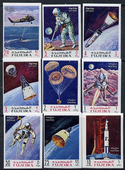 Fujeira 1969 Apollo Space Flights imperf set of 9 unmounted mint, Mi 390-98B , stamps on space     parachutes    helicopters