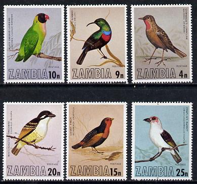 Zambia 1977 Birds of Zambia set of 6 unmounted mint, SG 262-67*, stamps on birds    longclaw    sunbird    lovebird    finch    tinkerbird    barbet