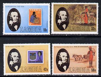 Zambia 1979 Rowland Hill set of 4 unmounted mint, SG 296-99*, stamps on postal, stamps on stamp on stamp, stamps on rowland hill    bicycles     postman, stamps on stamponstamp