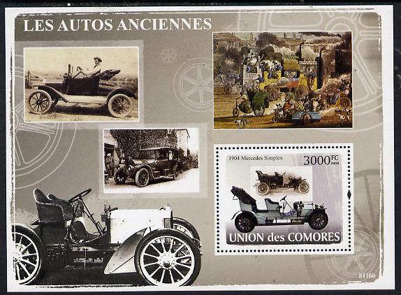 Comoro Islands 2008 Early Cars perf s/sheet unmounted mint Michel BL433, stamps on cars, stamps on mercedes