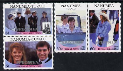 Tuvalu - Nanumea 1986 Royal Wedding (Andrew & Fergie) set of 4 (2 se-tenant pairs) overprinted SPECIMEN in silver unmounted mint, stamps on , stamps on  stamps on royalty, stamps on  stamps on andrew, stamps on  stamps on fergie, stamps on  stamps on 
