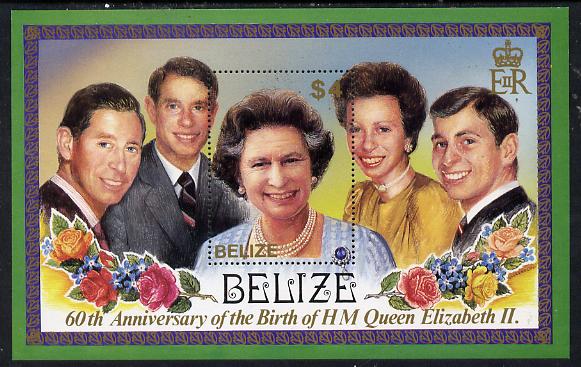 Belize 1986 60th Birthday of Queen Elizabeth II perf m/sheet unmounted mint SG MS 909, stamps on royalty, stamps on 