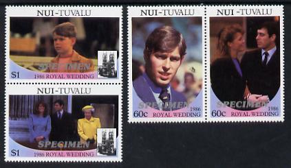 Tuvalu - Nui 1986 Royal Wedding (Andrew & Fergie) set of 4 (2 se-tenant pairs) overprinted SPECIMEN unmounted mint, stamps on royalty, stamps on andrew, stamps on fergie, stamps on 