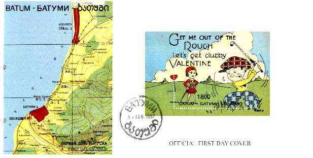 Batum 1997 Valentines Couple playing Golf perf s/sheet on illustrated first day cover, stamps on golf    heart     cartoon