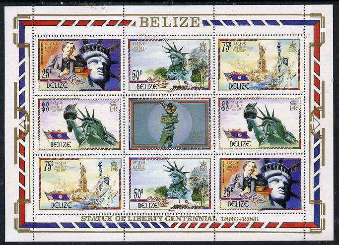 Belize 1986 Centenary of Statue of Liberty perf sheetlet containing 2 sets of 4 plus label unmounted mint SG 924-7, stamps on statue of liberty, stamps on statues, stamps on americana