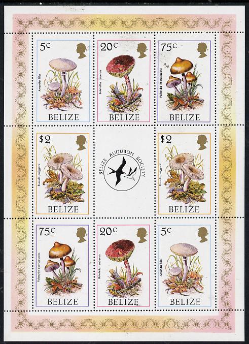 Belize 1986 Fungi - Audubon Society perf sheetlet containing 2 sets of 4 plus label unmounted mint SG 962, 964, 966 & 969, stamps on fungi, stamps on audubon