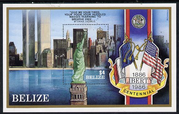 Belize 1986 Centenary of Statue of Liberty perf m/sheet unmounted mint SG MS 928, stamps on statue of liberty, stamps on statues, stamps on americana, stamps on twin towers