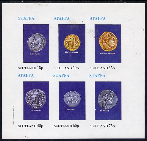 Staffa 1982 Old Coins (Katane Bull, Pegasus, Demetrius I, etc) imperf  set of 6 values (15p to 75p) unmounted mint, stamps on coins, stamps on ancient greece