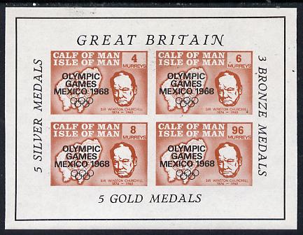 Calf of Man 1968 Olympic Games Mexico overprinted on Churchill imperf m/sheet (4, 6, 8 & 96m brown) additionally optd with Medals Won (Rosen CA135MS) unmounted mint, stamps on churchill  maps  personalities  sport    olympics