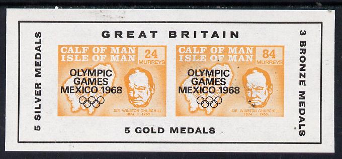 Calf of Man 1968 Olympic Games Mexico overprinted on Churchill imperf m/sheet (24m & 84m orange) additionally optd with Medals Won, unmounted mint (as Rosen CA134MS) , stamps on churchill  maps  personalities  sport    olympics