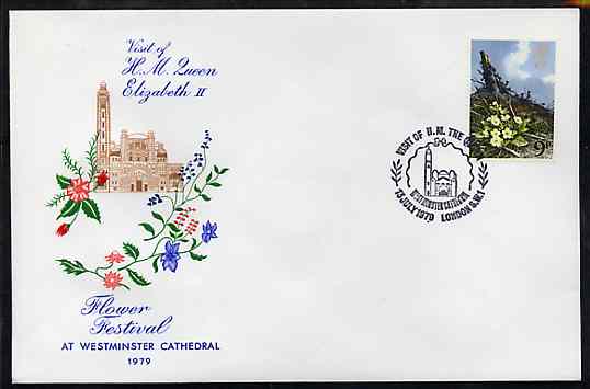 Great Britain 1979 Illustrated cover commemorating the  Queen's visit to the Flower Festival at Westminster Cathedral, bearing 9d Flower stamp with special commem cancel, stamps on flowers, stamps on royalty, stamps on royal visit , stamps on churches, stamps on cathedrals