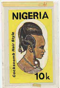 Nigeria 1987 Womens Hairstyles - original hand-painted artwork for 10k value (Cockscomb Hair style) by Godrick N Osuji on card 5 x 8.5 endorsed A1, stamps on fashion, stamps on women, stamps on hair