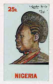 Nigeria 1987 Womens Hairstyles - original hand-painted artwork for 25k value (Akoto Hair style) by Clement O Ogbebor on card 5 x 8.5 endorsed C5, stamps on fashion, stamps on women, stamps on hair