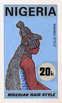 Nigeria 1987 Womens Hairstyles - original hand-painted artwork for 20k value (Nwobo style) by unknown artist on board 5 x 8.5 endorsed B4, stamps on fashion, stamps on women, stamps on hair