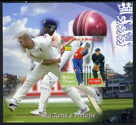 St Thomas & Prince Islands 2004 Cricket - Andrew Strauss imperf souvenir sheet unmounted mint. Note this item is privately produced and is offered purely on its thematic ..., stamps on sport, stamps on cricket