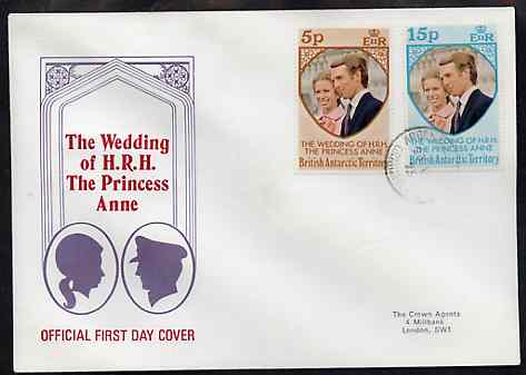 British Antarctic Territory 1973 Royal Wedding set of 2 on illustrated cover with first day cancel, stamps on , stamps on  stamps on royalty, stamps on  stamps on anne & mark