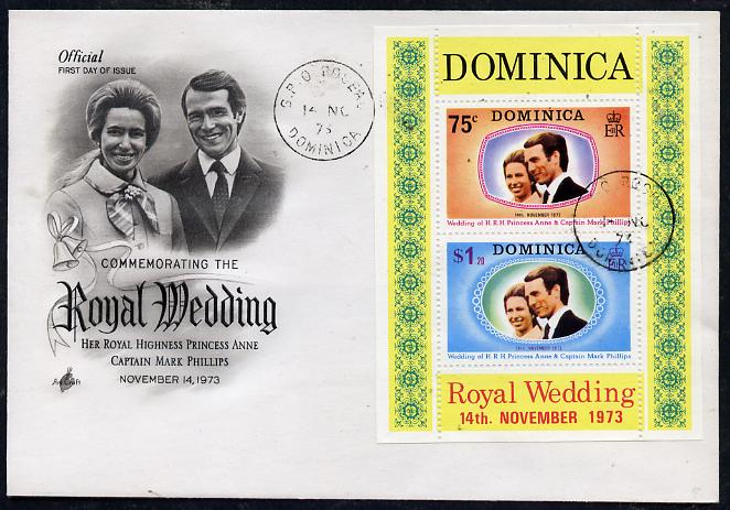 Dominica 1973 Royal Wedding m/sheet on illustrated cover with first day cancel, stamps on royalty, stamps on anne, stamps on mark