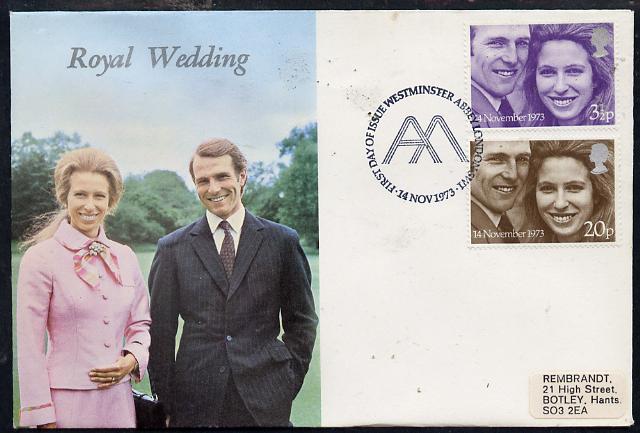 Great Britain 1973 Royal Wedding set of 2 on illustrated cover with first day cancel, stamps on , stamps on  stamps on royalty    anne & mark