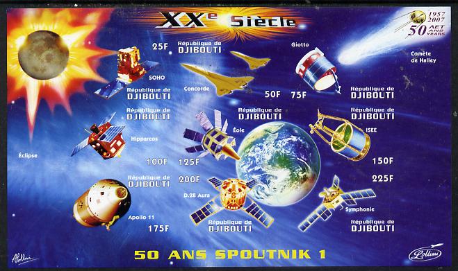 Djibouti 2009 50th Anniversary of Sputnik #02 imperf sheetlet containing 9 values unmounted mint, stamps on space, stamps on sputnik, stamps on satellites, stamps on aviation, stamps on concorde, stamps on planets, stamps on 