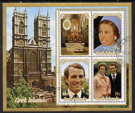 Cook Islands 1973 Royal Wedding m/sheet fine cds used (SG MS 453), stamps on royalty    anne & mark    churches    cathedrals