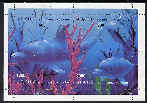 Abkhazia 1997 Dolphins perf sheetlet containing complete set of 4 values unmounted mint, stamps on dolphins    whales    animals  marine-life