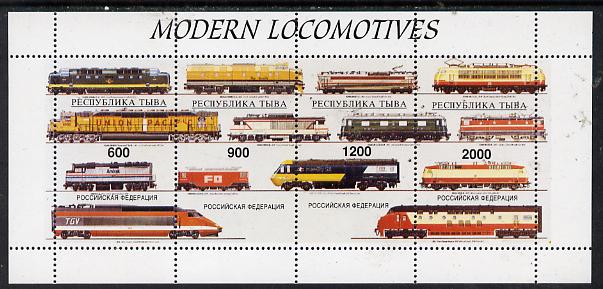 Touva 1997 Modern Locomotives #2 perf sheetlet containing complete set of 4 values unmounted mint, stamps on , stamps on  stamps on railways
