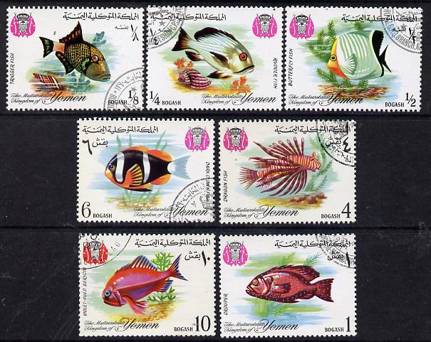 Yemen - Royalist 1967 Fish Postage perf set of 7 cto used (SG R216-22) Mi 323-29*, stamps on fish, stamps on shells, stamps on marine life