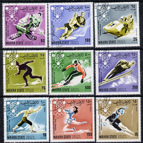 Aden - Mahra 1967 Grenoble Winter Olympics perf set of 9 cto used, Mi 39-47A*, stamps on , stamps on  stamps on olympics   sport    skiing    skating   bobsled    ice hockey