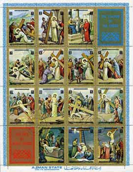 Ajman 1972 Life of Christ - Stations of The Cross sheetlet containing 14 values plus 2 labels cto used, Mi 2965-78A, stamps on religion, stamps on easter
