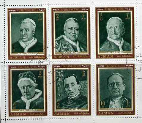 Ajman 1971 Christmas Postage set of 6 Popes in sheetlet of 6 cto used, as Mi 947-52 (uncut sheet of 24 (4 sets) available pro-rata), stamps on religion    personalities    pope    christmas