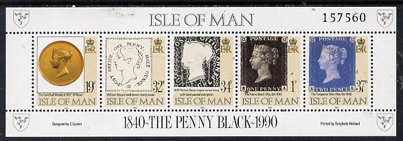 Isle of Man 1990 150th Anniversary of Penny Black perf sheetlet containing strip of 5 unmounted mint SG 442a, stamps on , stamps on  stamps on postal, stamps on  stamps on stamp on stamp, stamps on  stamps on stamponstamp